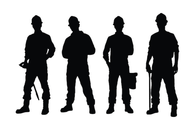 Male bricklayers wearing uniforms silhouette set vector on a white background Mason standing in different positions silhouette collection Bricklayers and construction workers with anonymous faces