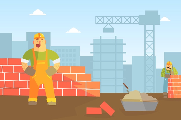 Vector male builder buiding brick wall construction worker character flat vector illustration