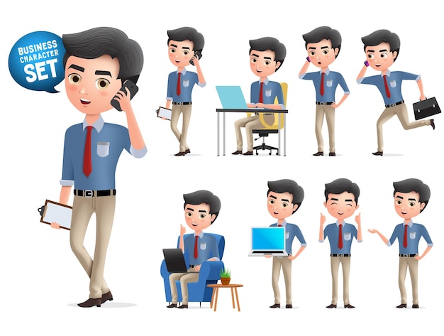 Male business character calling vector set standing business man characters calling and talking