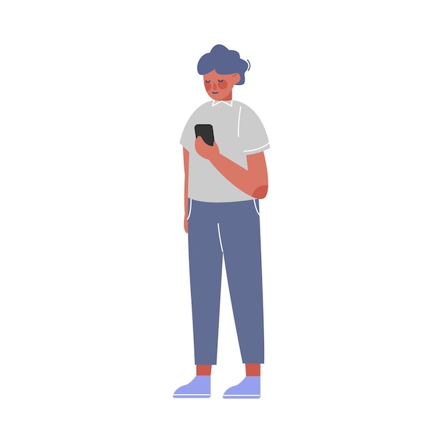 Мужской бизнес-персонаж, стоящий со смартфоном, офисный работник, сотрудник, векторная иллюстрация