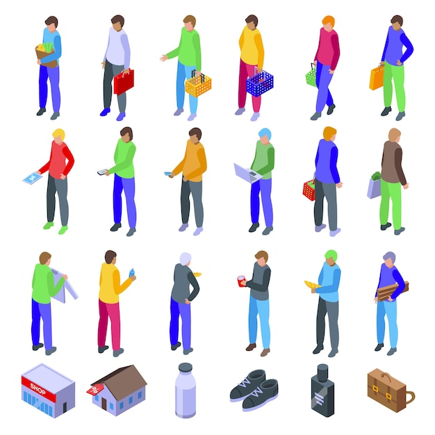 Vector male buyer icons set isometric vector store clothing