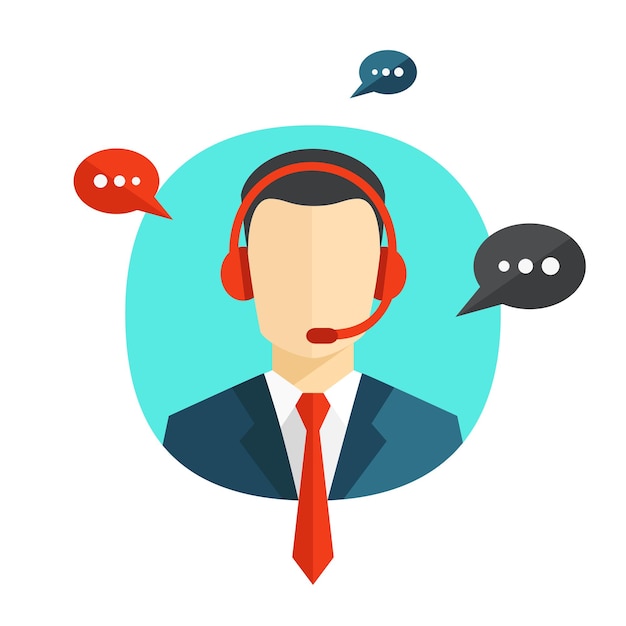 Male call centre operator avatar icon with colorful speech bubbles vector illustration on white