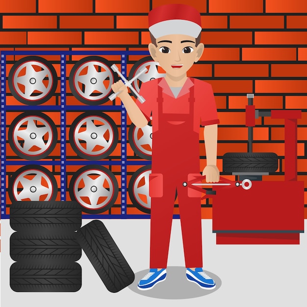 Vector male car mechanic holding jack and wrench