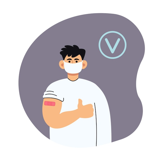 Male cartoon character after getting vaccine shot. Successful vaccination in arm. Man in mask after receiving injection. Prevention of viral, infectious diseases