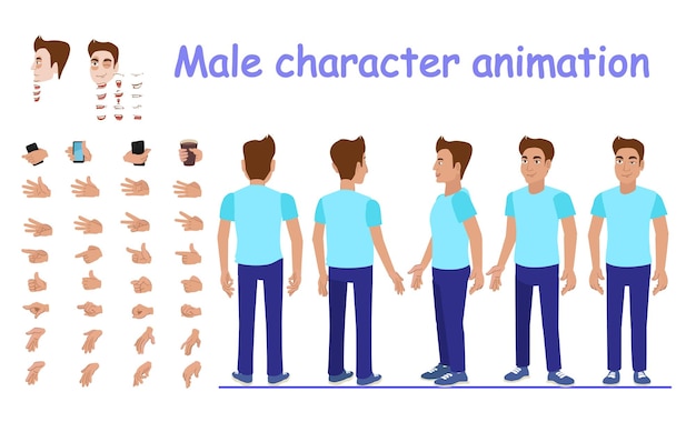 Male character animation Body parts hands positions and facial expressions