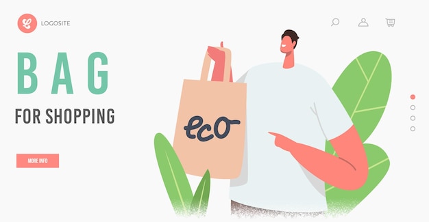 Male Character Buying Food in Reusable Eco Friendly Packing Landing Page Template. Smiling Customer Presenting Paper Bag for Products. Ecology Protection, Recycling. Cartoon People Vector Illustration