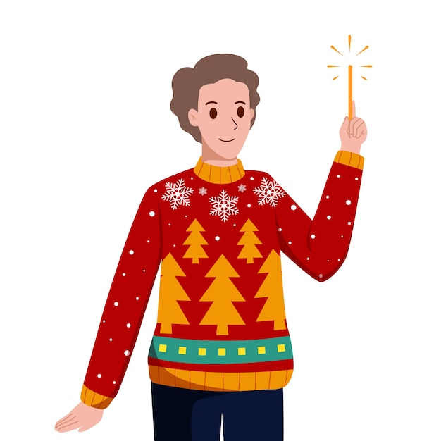 Vector male character cartoon in winter season with firecracker