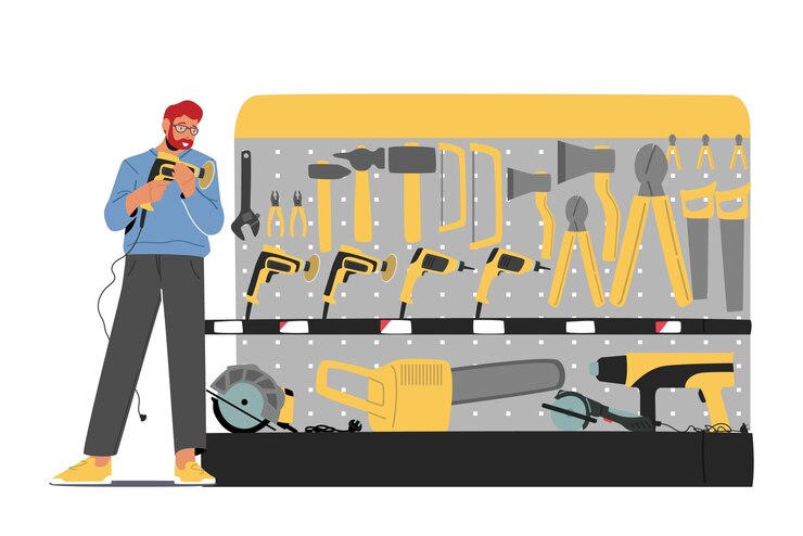 Vector male character choose tools and instruments in hardware shop man looking for devices for fixing carpentry renovation