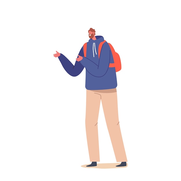 Vector male character city dweller in casual clothes mature bearded man wearing blue hoodie beige pants and backpack