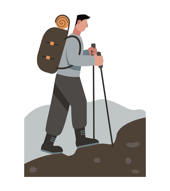 벡터 남성 캐릭터는 막대기에 기대어 언덕을 오릅니다. 지팡이. 올라가기가 어렵습니다. 배낭을 등에 메고 등산로를 따라 걷는 남자. 혼자 하이킹하는 시간