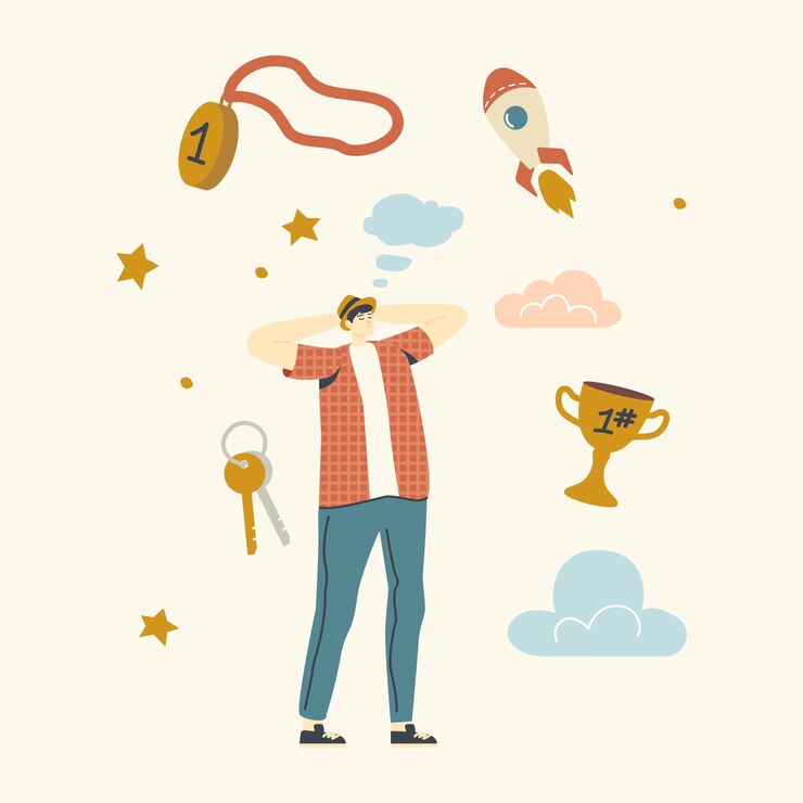 Vector 성공을 꿈꾸는 남성 캐릭터. 부를 생각하는 남자, 하늘을 날아 다니는 로켓, 골든 컵, 키 묶음, 우승자 메달 및 별