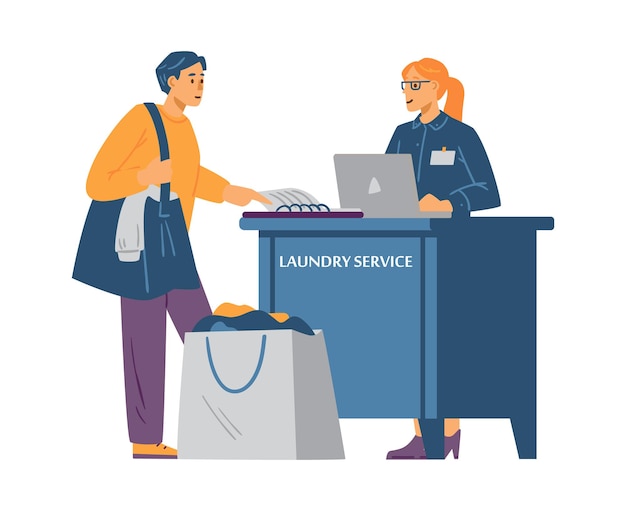 Vector male character handing clothes to dry cleaning laundry in flat vector