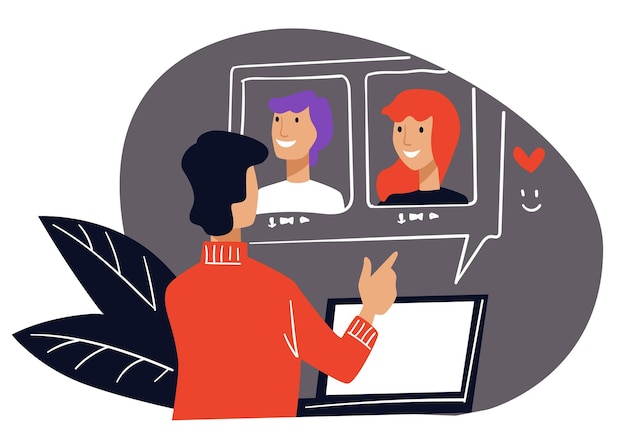 Vector male character having video conference with colleagues from work or family members. man talking to women, choosing virtual relationship and date via internet. vector in flat style illustration