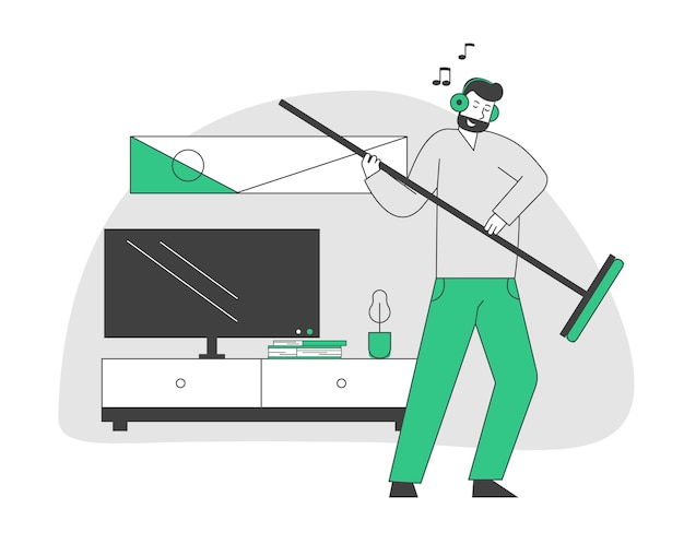 Male Character in Headset Listening Music and Dancing with Broom as it is Electric Guitar