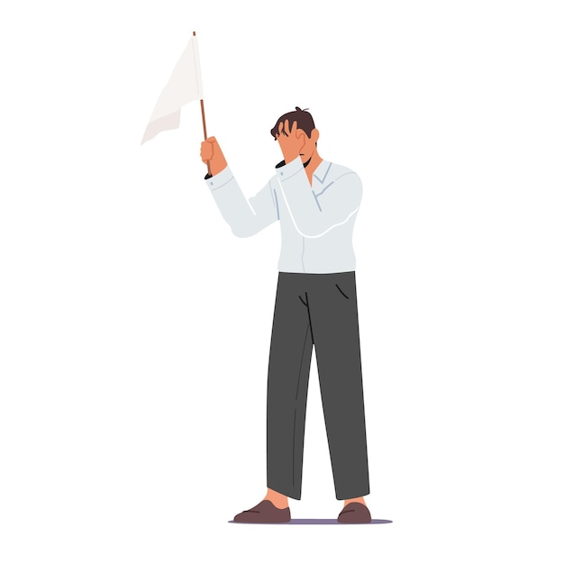 Male character holding white flag covering face with hand