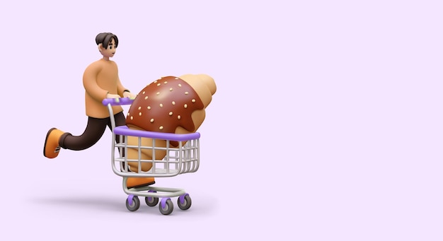 Male character is carrying giant croissant in shopping cart Banner for bakery confectionery