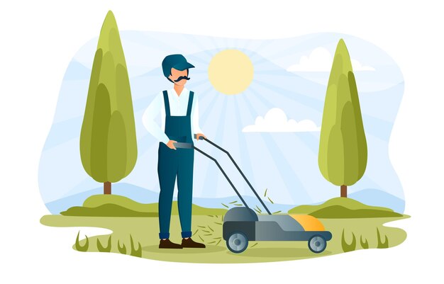 Male character is mowing lawn in park concept of landscaping service worker gardener man with