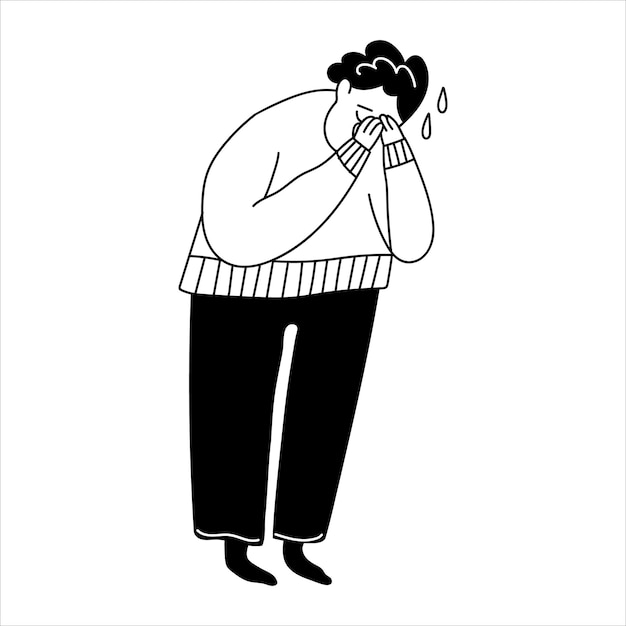 남자 캐릭터는 슬프다 남자는 울고 있다 사람은 기분이 좋지 않다 격리된 흰색 배경에 낙서 스타일의 벡터 손으로 그린 그림