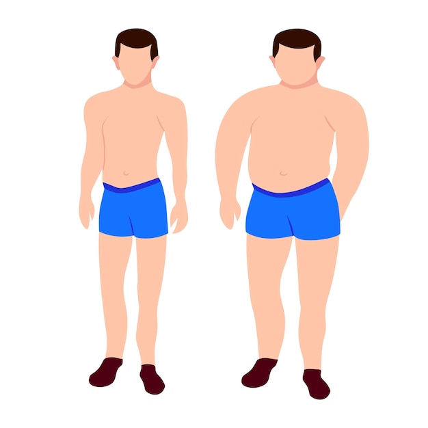 male character isolated flat human people icon in full height person man with excess weight slim sportive figure dieting