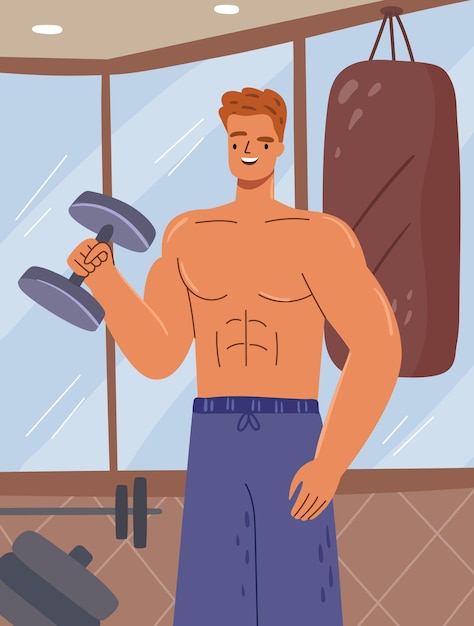 Male character lifting dumbbells in gym