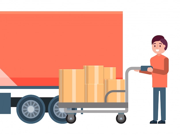 Male character loader hold cart, fast delivery service truck logistic concept isolated on white,   illustration.