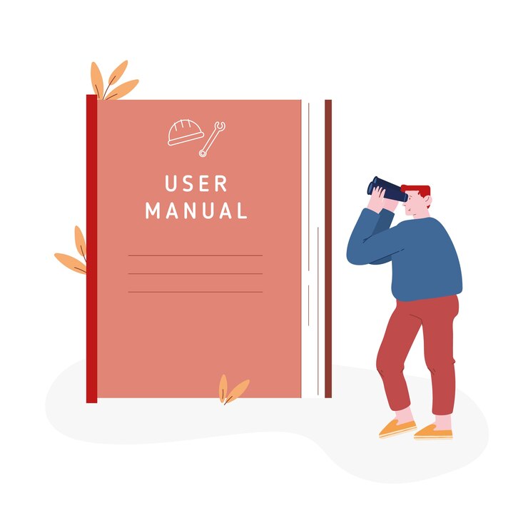 Vector male character looking on huge user manual