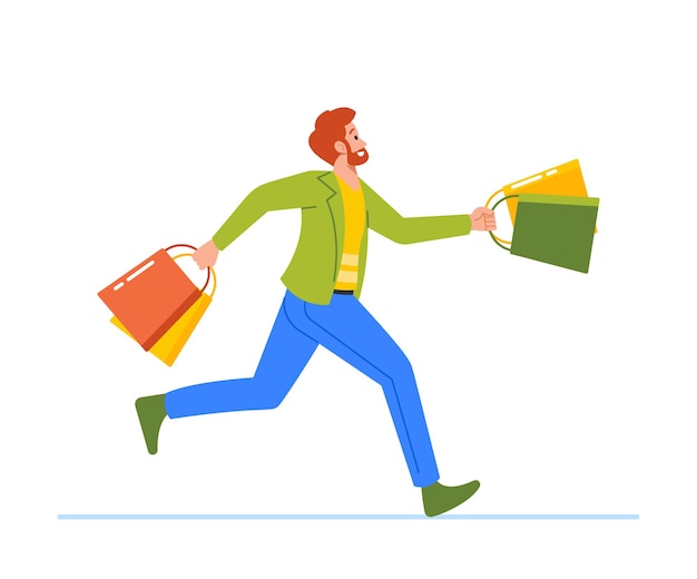 Vector male character in motion with shopping bags portraying busy and active lifestyle man carries packs vector illustration