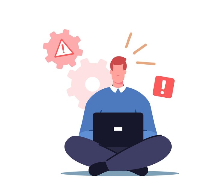 Vector male character office worker sit with laptop see system error notification on pc monitor