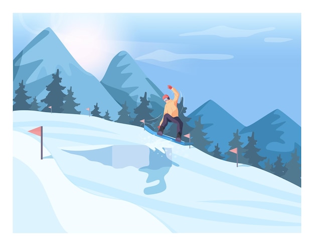 Мужской персонаж на сноуборде прыгает на батуте для сноуборда.