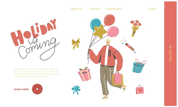 男性キャラクターは、休日や誕生日のお祝いのランディングページテンプレートのプレゼントを準備します。幸せな男は、お祝いの弓で包まれた紙袋や箱に風船やギフトを運びます。線形ベクトル図