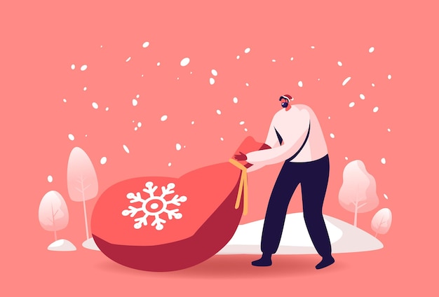 赤い伝統的なサンタクロースの帽子の男性キャラクターは、雪景色の背景にギフトと巨大な袋を引っ張る