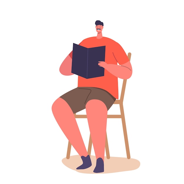 白い背景で隔離の本を読んで椅子に座っている男性キャラクター 男は読書レクリエーションでリラックス