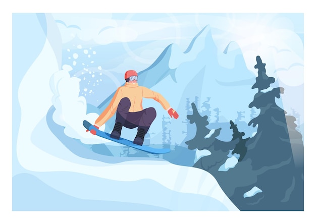 Vector male character on snowboard, freeriding. snowboarder riding and jumping on natural, un-groomed terrain. extreme sport activities. flat vector illustration