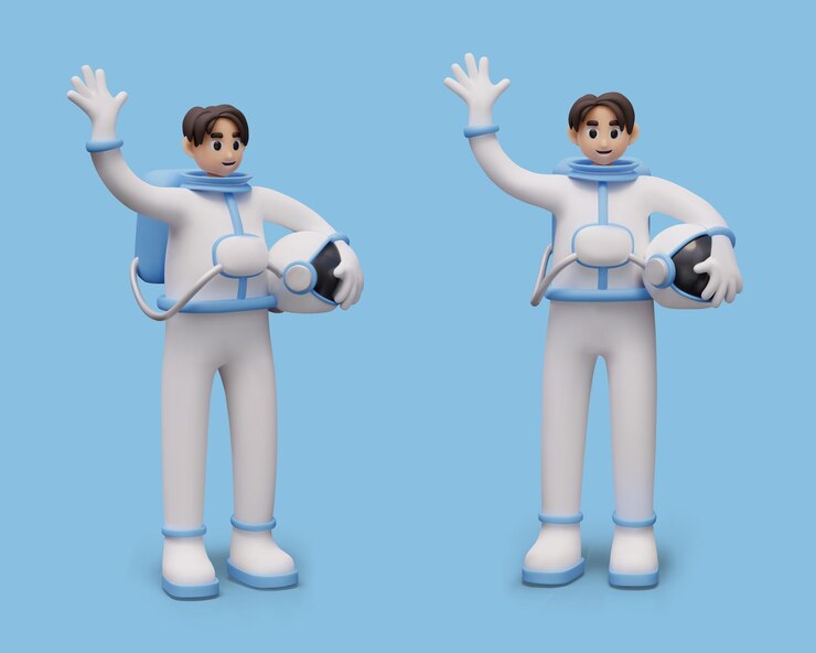 Vector male character in spacesuit holds helmet in his hands astronaut greets by waving his hand
