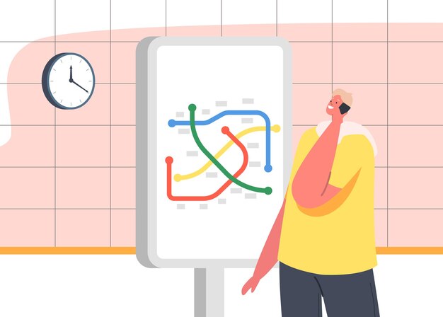 Personaggio maschile che parla da smartphone stand alla mappa della metropolitana nella stazione della metropolitana. uomo sulla piattaforma della metropolitana in attesa del treno