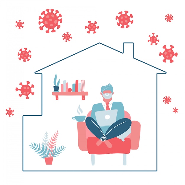 Vector male character stay at home working to avoid corona virus danger. self quarantine. a man works on a laptop while sitting in a chair. covid-19 outside silhouette of house. flat  concept