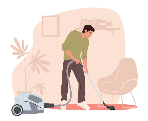 Male Character Vacuuming Home with Vacuum Cleaner in Living Room Young Man Doing Domestic Work Cleaning Floor