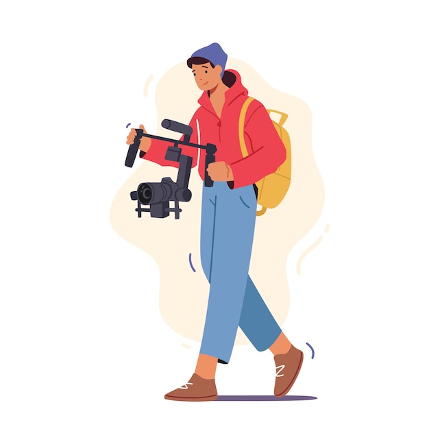 Vector male character videographer or blogger record video movie on camera