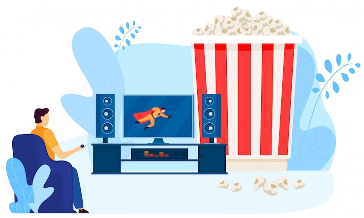 Vector male character watching home movie theater, big popcorn box,  on white,   illustration. man look at tv screen.