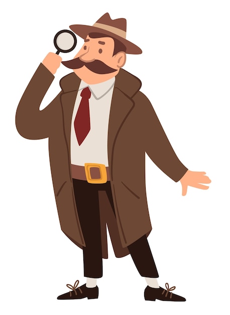 Vector male character wearing cloak and hat searching with magnifying glass. isolated man, detective or spy, surveillance or looking for mysteries and secrets. agent on mission. vector in flat style