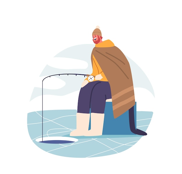 Vector male character on winter fishing amidst the winter frozen tranquility a determined man sits on the ice bundled against the cold patiently he angles for a catch cartoon people vector illustration
