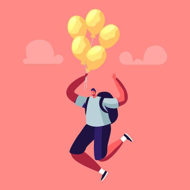 Male character with backpack flying on air balloon in air.