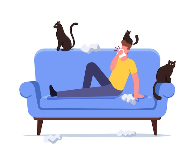 Male character with cat allergy sneezing with scatter wipes around and pets. allergic reaction on animal fur concept. man suffer of cough and asthma symptoms at home. cartoon vector illustration