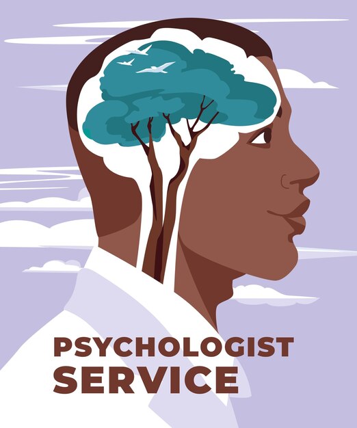 Male character with growing green trees in brain metaphor of psychological and therapeutic service vector flat illustration