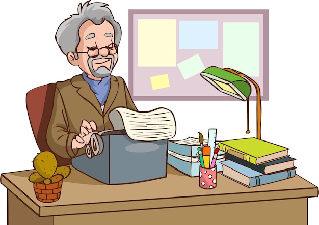 남성 캐릭터 작가 작가 또는 편집자는 타자기와 책과 함께 책상에 앉아 있습니다.