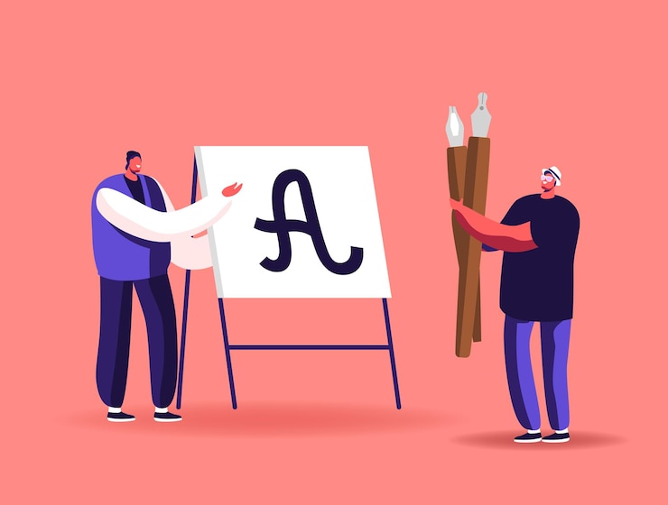 Vector male character writing letters on easel, script, education, creative hobby recreation