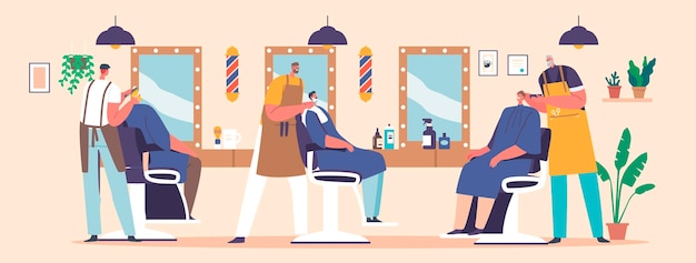 Male Characters Visit Barbershop for Haircut Hairdresser Barbers Serving Clients In Men Beauty Salon Illustration