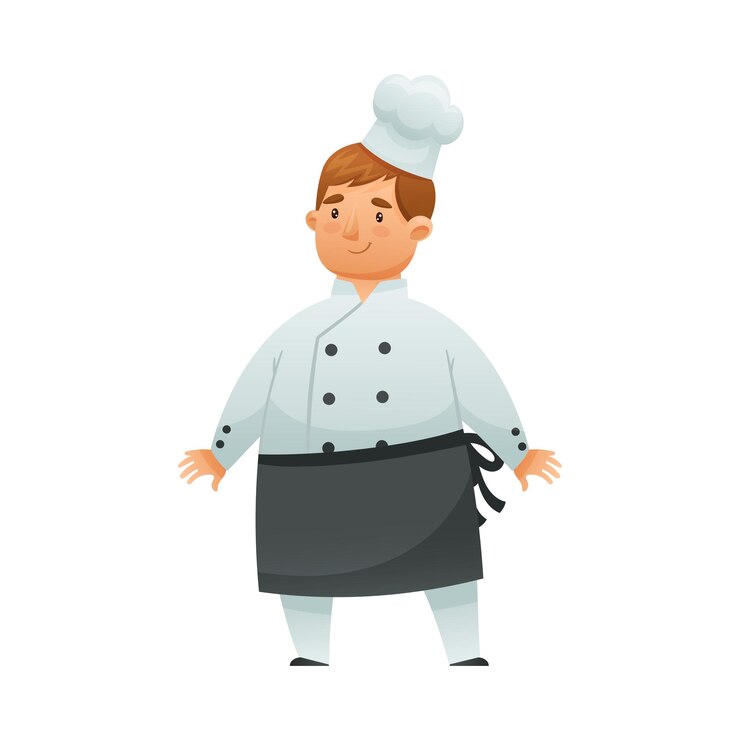 Vector male chef character in white uniform and black apron cartoon vector illustration