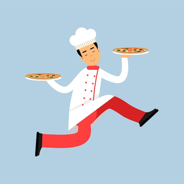 Male chef cook character in uniform running with two plates of pizza vector Illustration on a light blue background