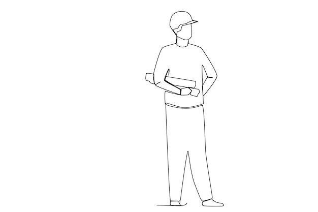 A male civil engineer standing while holding a closed blueprint line art